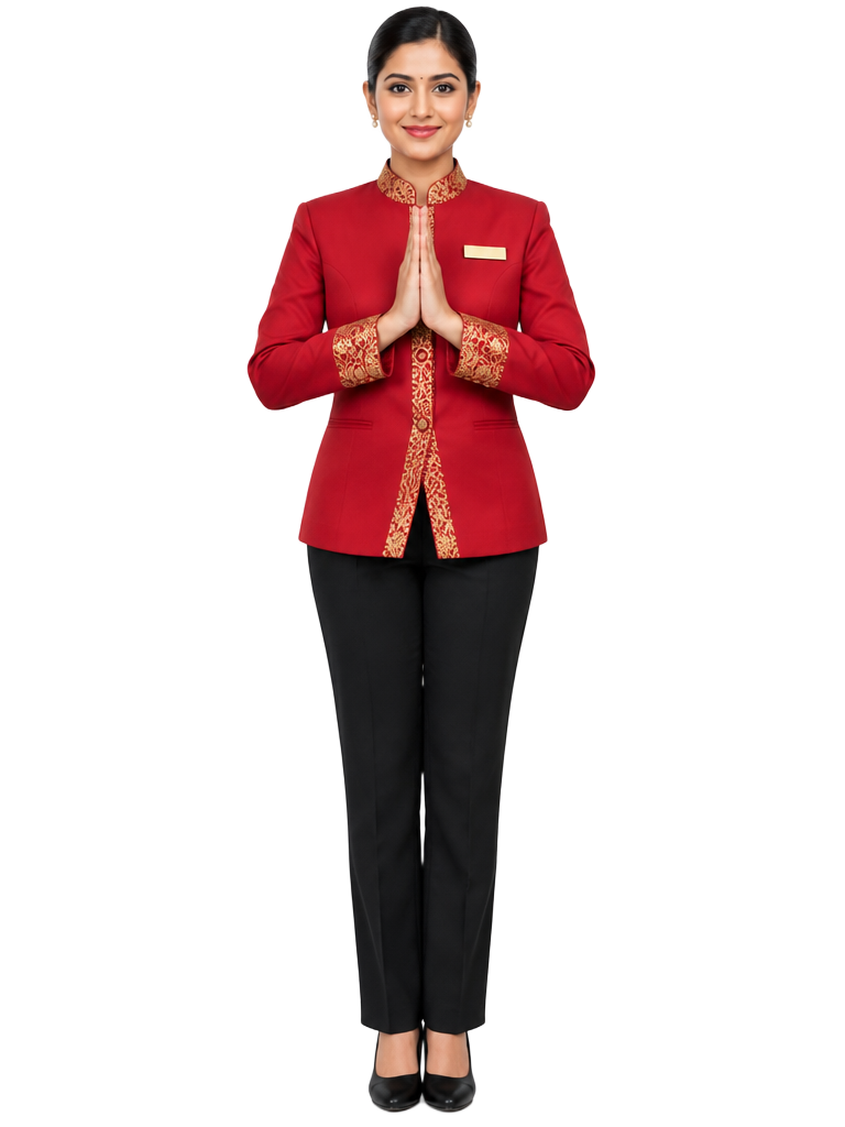 Our hostess welcoming guests with a namaste greeting