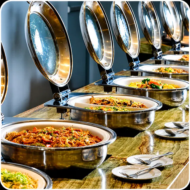 Hot buffet counter with freshly prepared catering dishes