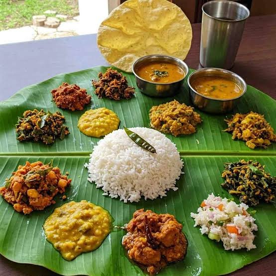 Traditional South Indian meal presented on a banana leaf