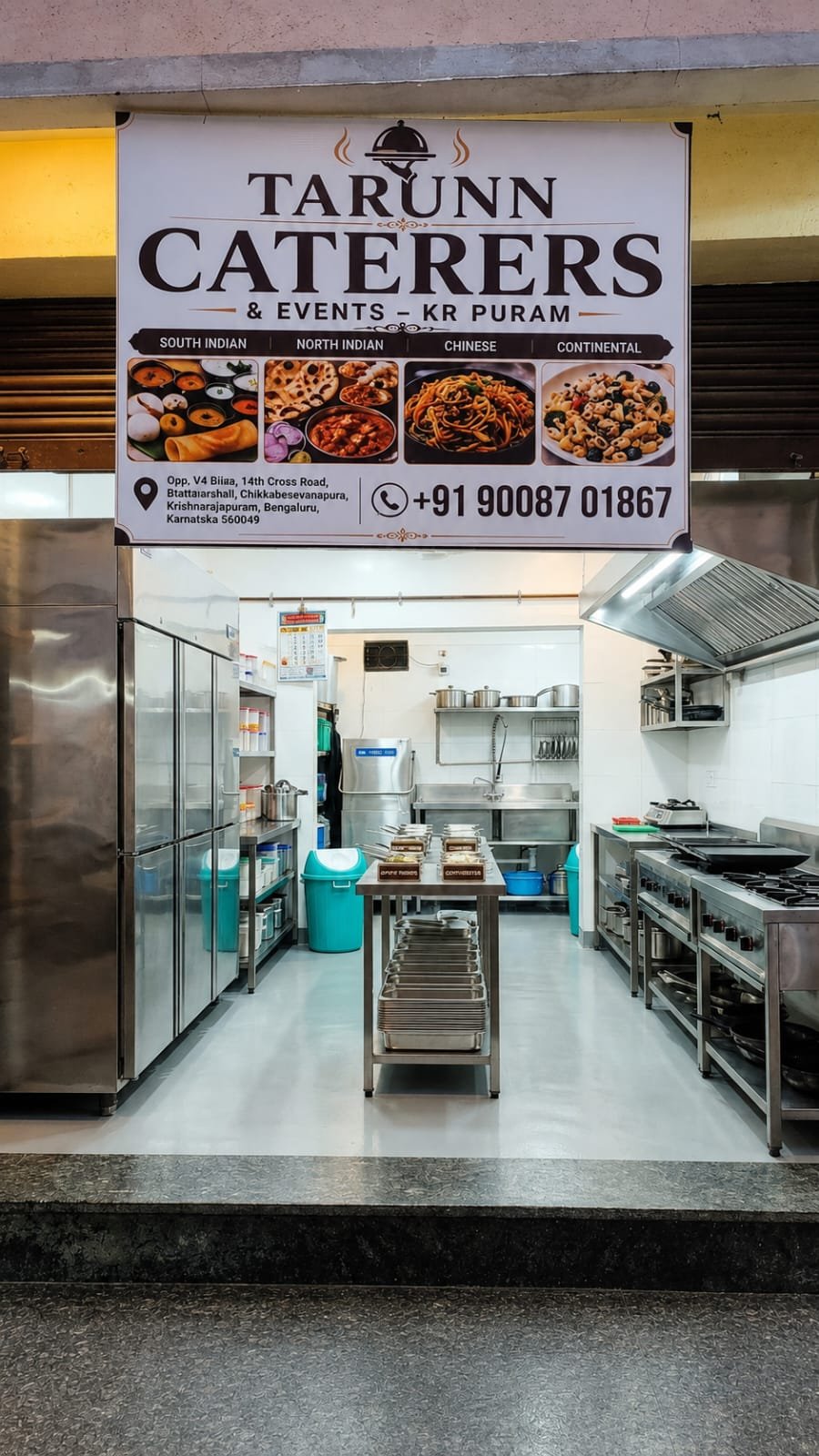 Tarunn Caterers storefront and kitchen in KR Puram
